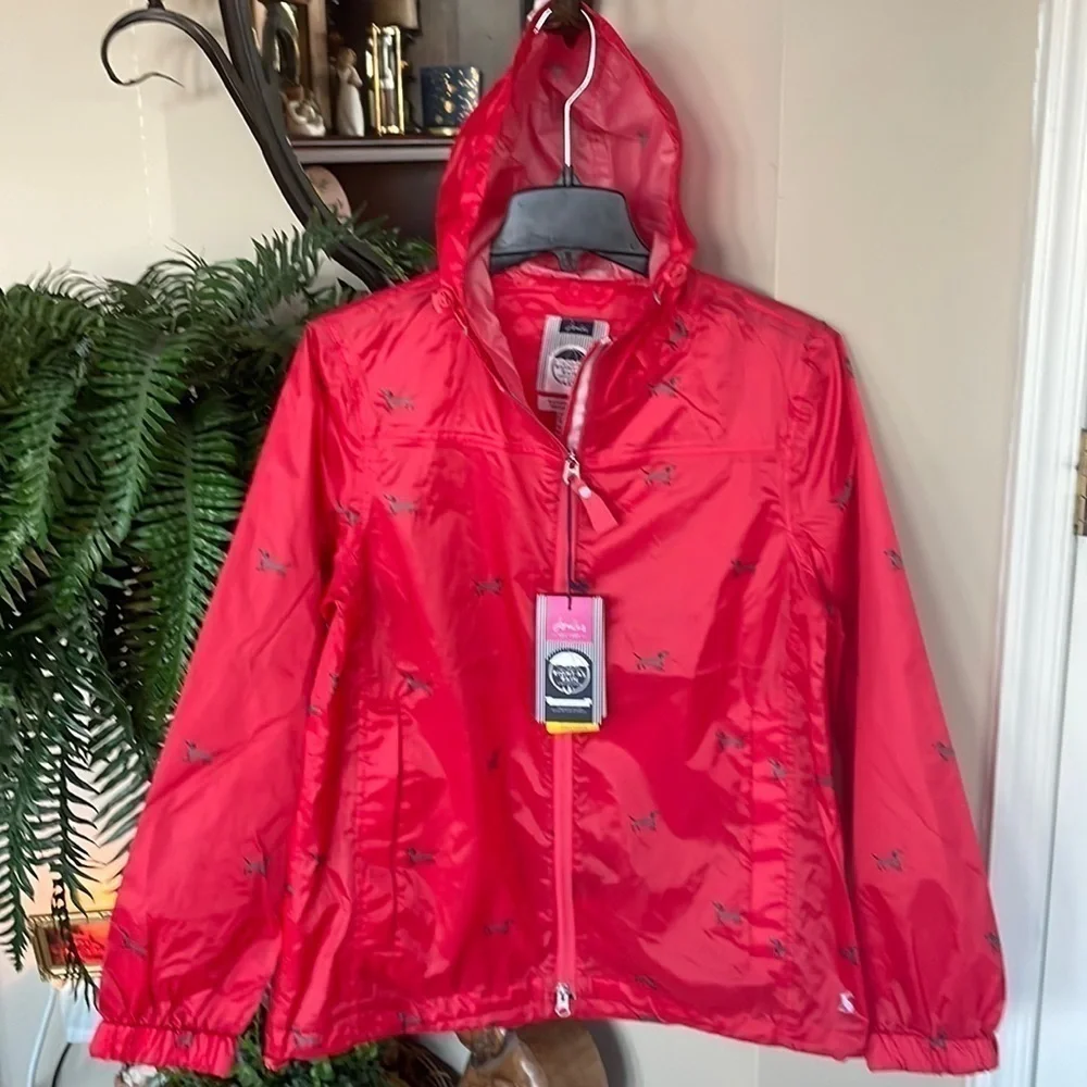 Brand New Joules Waterproof Breathable Rain Coat Zippered Jacket Red Dogs Hood